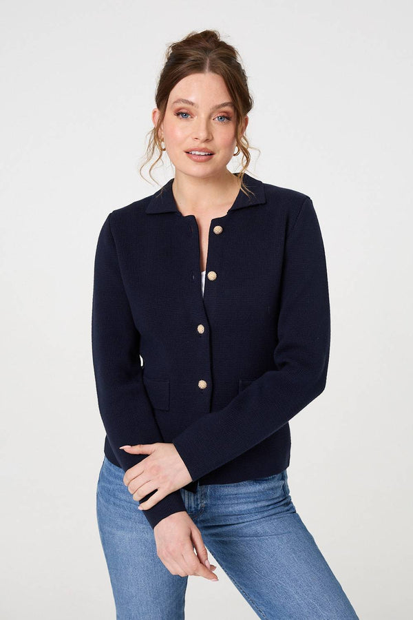 Navy | Textured Button Front Collared Jacket