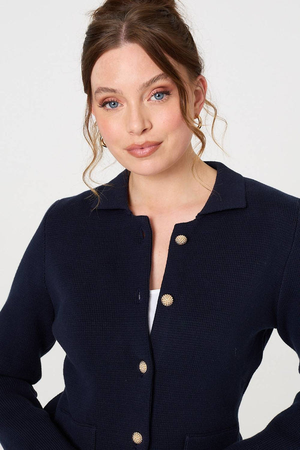 Navy | Textured Button Front Collared Jacket