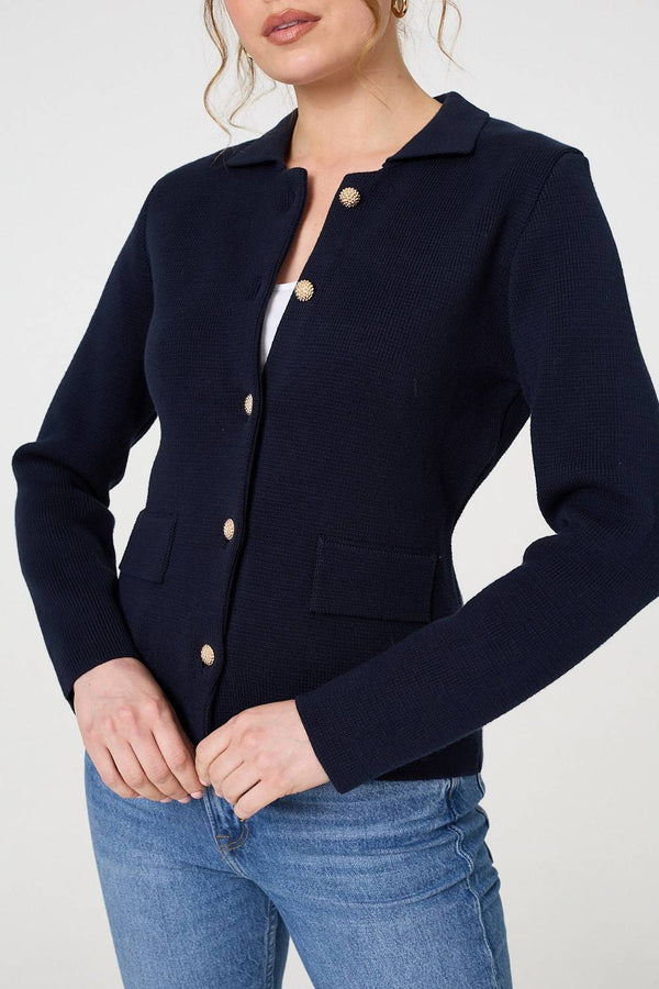 Navy | Textured Button Front Collared Jacket