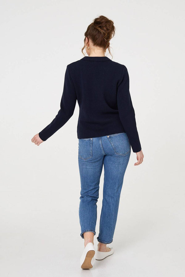 Navy | Textured Button Front Collared Jacket