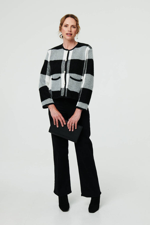 Black And White | Checkered Long Sleeve Cropped Cardigan