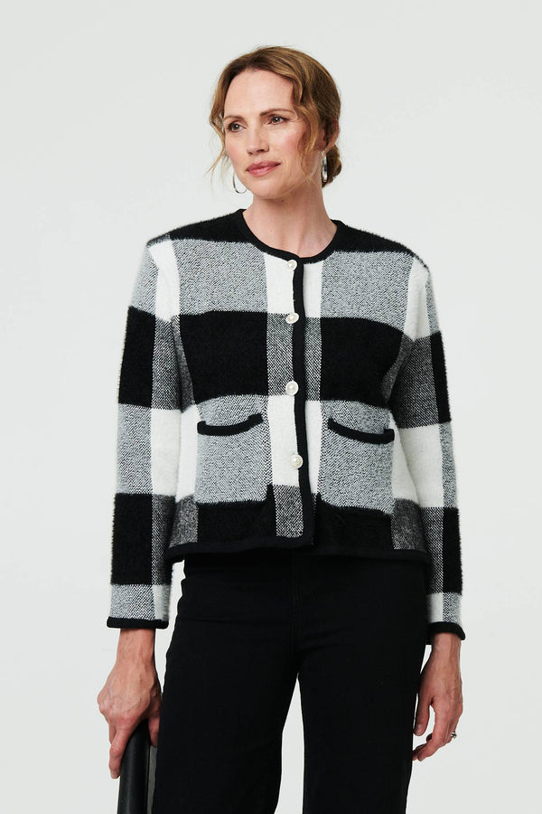 Black And White | Checkered Long Sleeve Cropped Cardigan