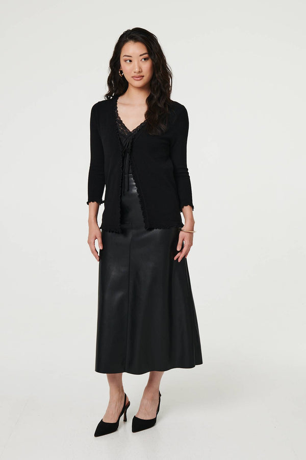 Black | Tie Front Frill Edge 3/4 Sleeve Cardigan