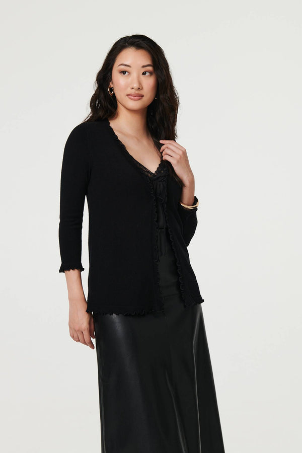 Black | Tie Front Frill Edge 3/4 Sleeve Cardigan