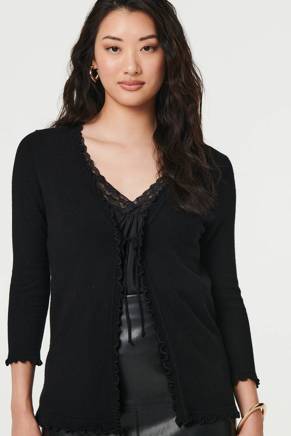 Black | Tie Front Frill Edge 3/4 Sleeve Cardigan