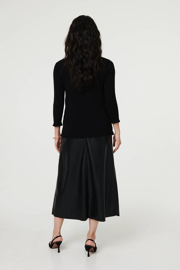 Black | Tie Front Frill Edge 3/4 Sleeve Cardigan