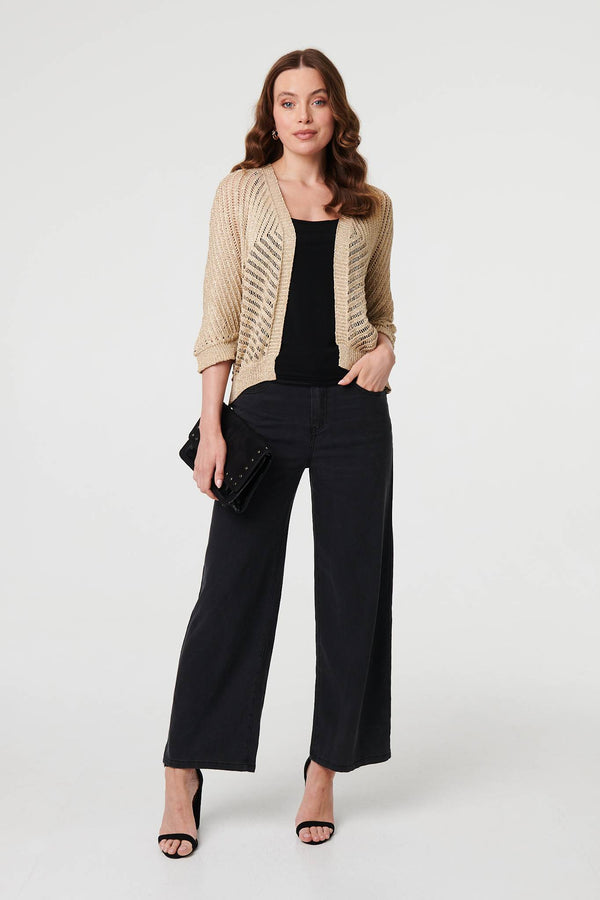 Gold | Chevron Texture Mesh 1/2 Sleeve Cardigan