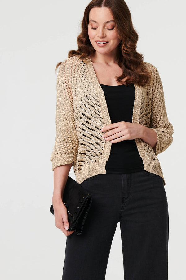 Gold | Chevron Texture Mesh 1/2 Sleeve Cardigan