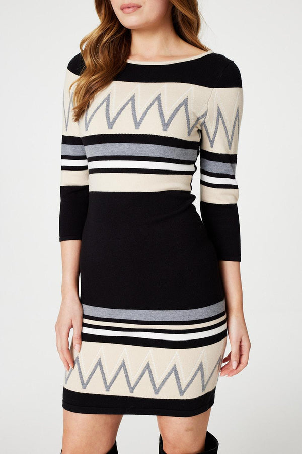 Black | Stripy 3/4 Sleeve Knit Dress