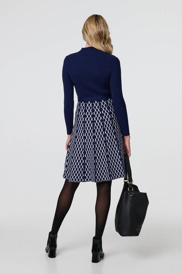 Navy | Geo Print Texture Knee Length Knit Dress