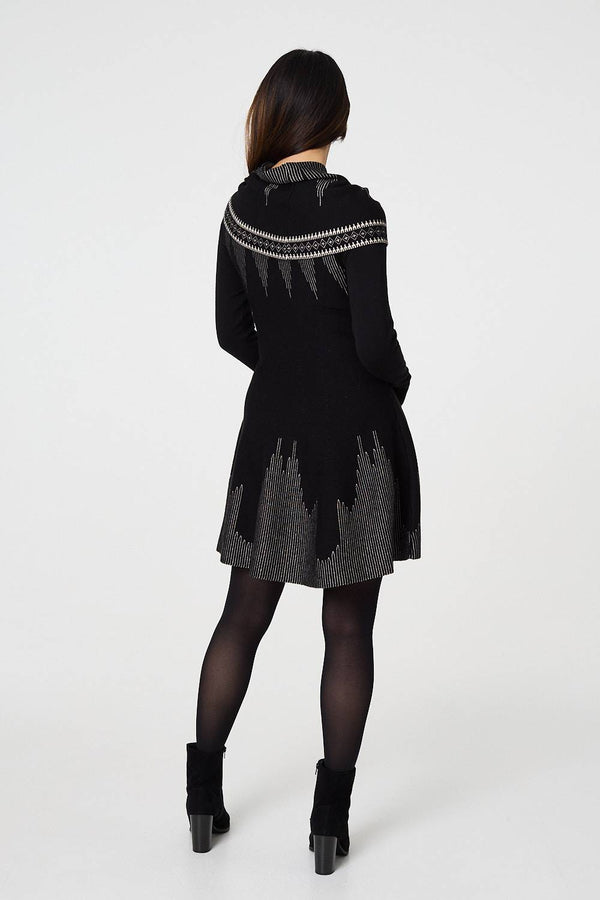 Black | Printed Knit Dress With Removable Rollneck