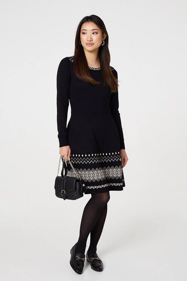 Black | Aztec Print Removable Rollneck Knit Dress