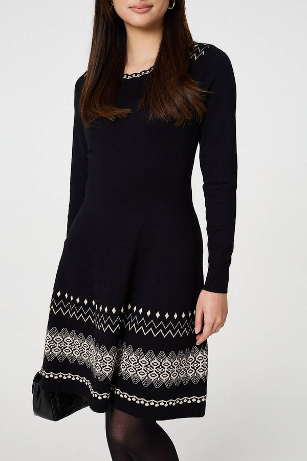 Black | Aztec Print Removable Rollneck Knit Dress