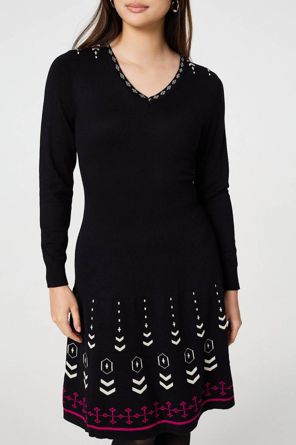 Black | Printed Knit Dress With Removable Scarf