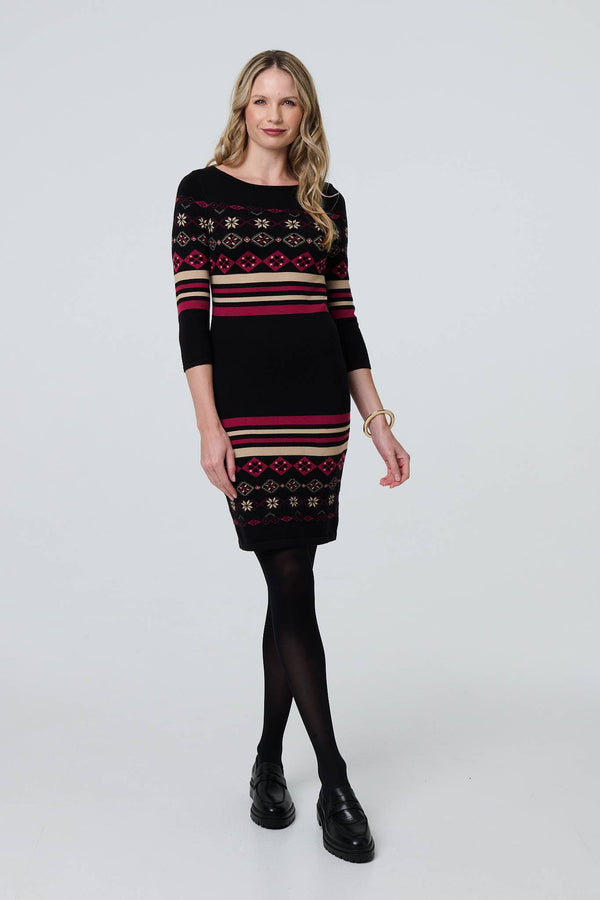 Black | Fair Isle Striped 3/4 Sleeve Short Dress