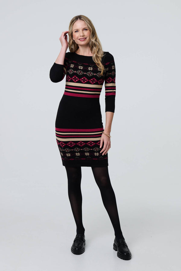 Black | Fair Isle Striped 3/4 Sleeve Short Dress