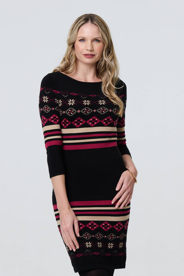 Black | Fair Isle Striped 3/4 Sleeve Short Dress
