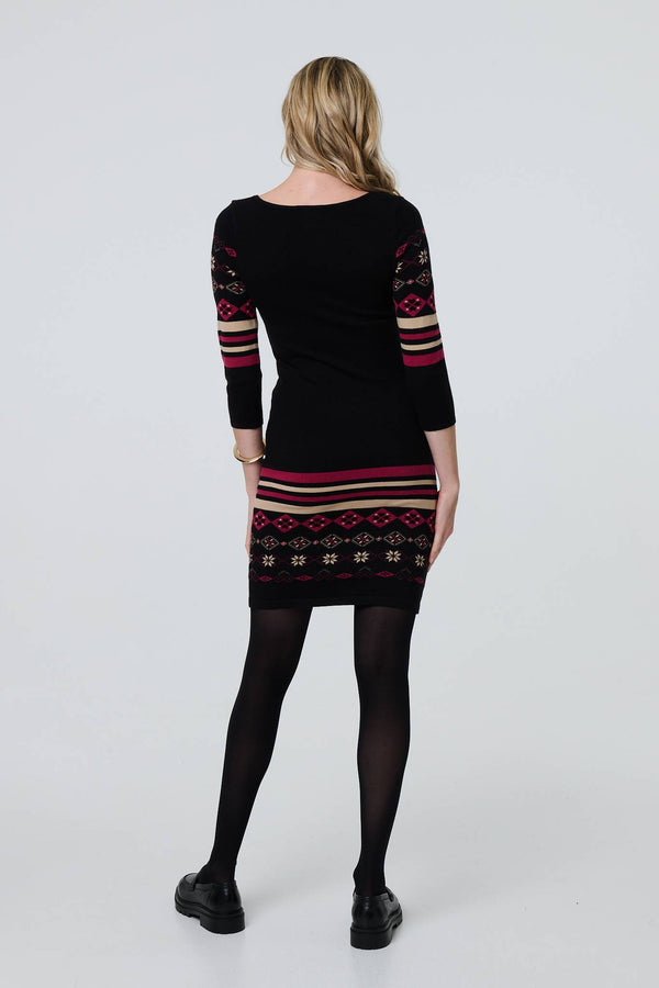 Black | Fair Isle Striped 3/4 Sleeve Short Dress