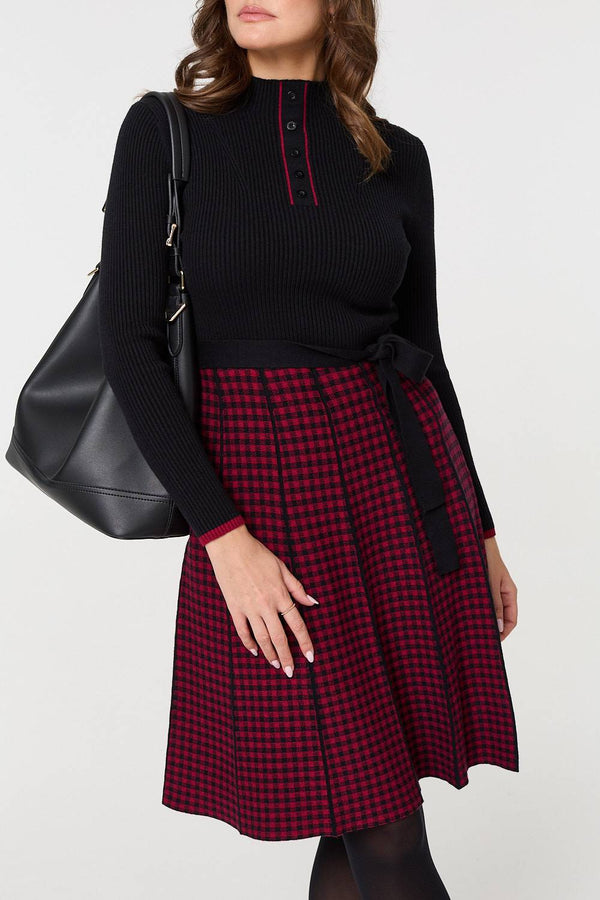 Black | Checked Pleated Knee Length Jumper Dress