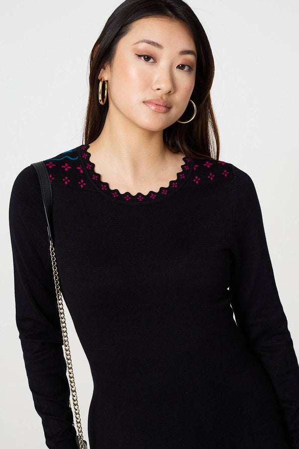 Black | Printed Removable Scarf Knee Length Dress