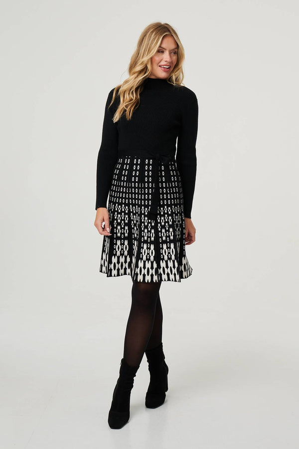 Black | Geo Print Knee Length Jumper Dress