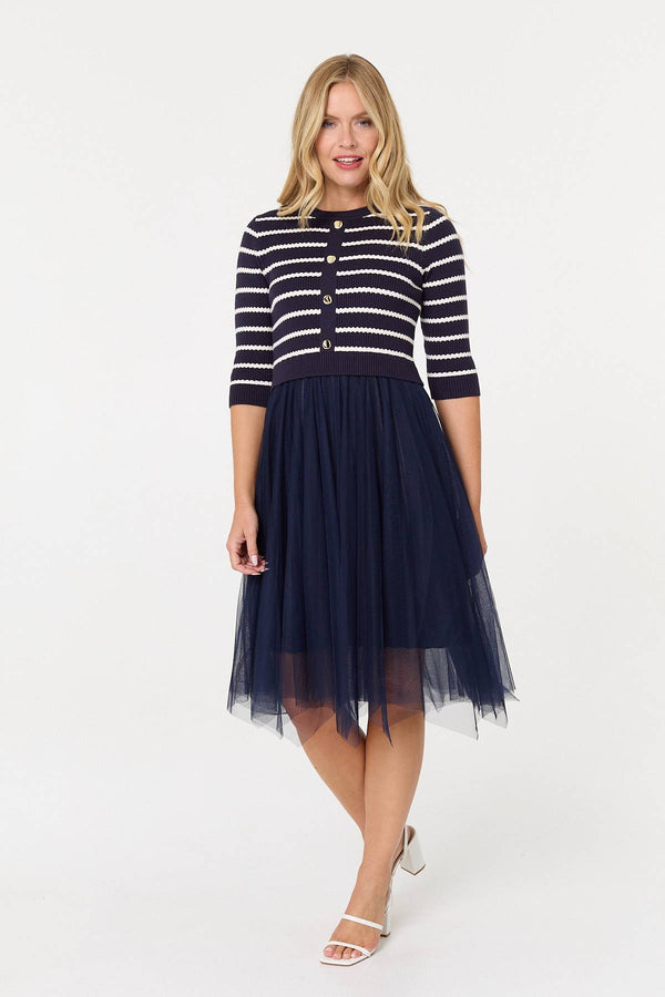 Navy | Striped Knit Mesh Hanky Hem Midi Dress