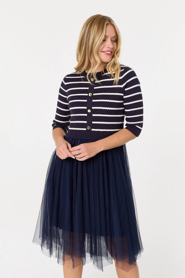 Navy | Striped Knit Mesh Hanky Hem Midi Dress