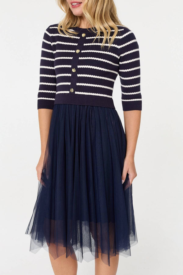 Navy | Striped Knit Mesh Hanky Hem Midi Dress