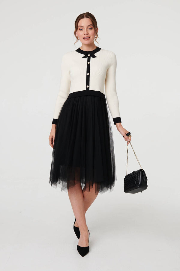 Black And White | Button Front Mesh Textured Jumper Dress