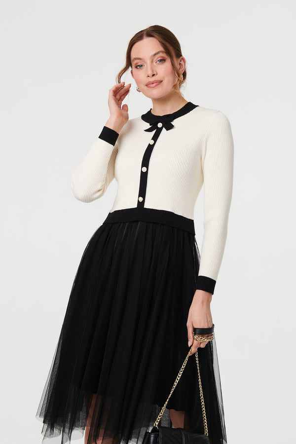 Black And White | Button Front Mesh Textured Jumper Dress