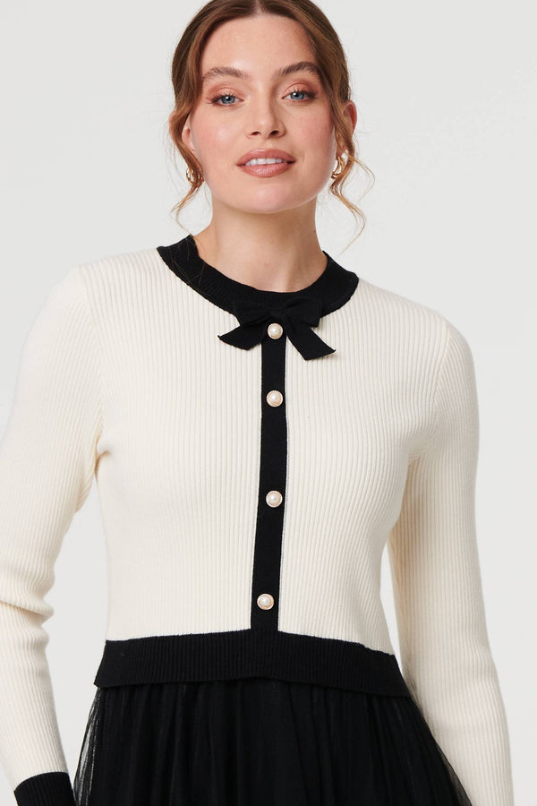Black And White | Button Front Mesh Textured Jumper Dress