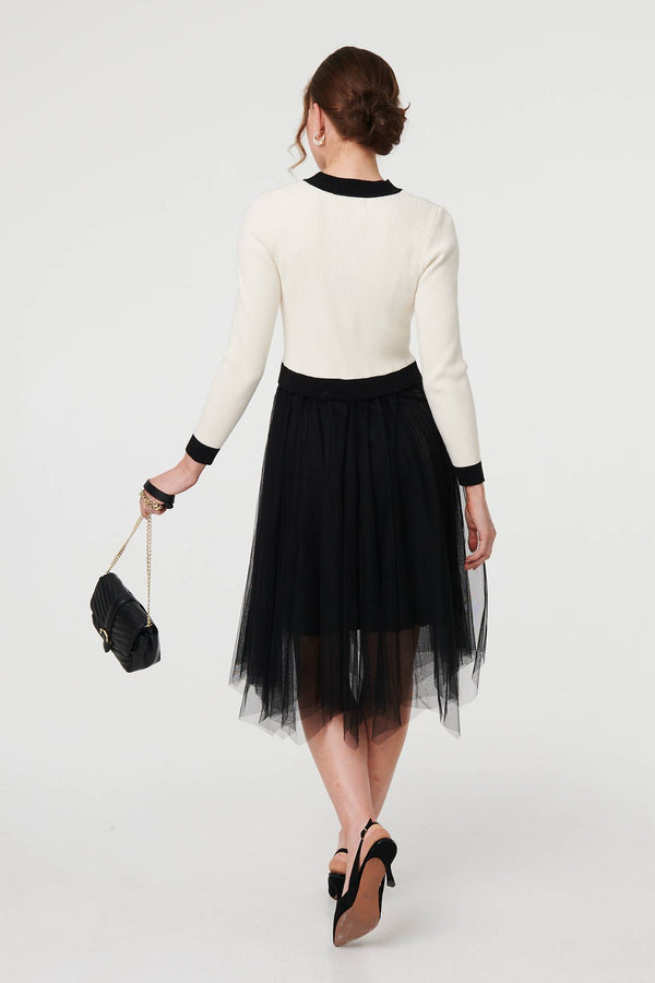 Black And White | Button Front Mesh Textured Jumper Dress