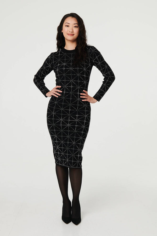 Black | Geo Diamante Detail Slim Knit Midi Dress