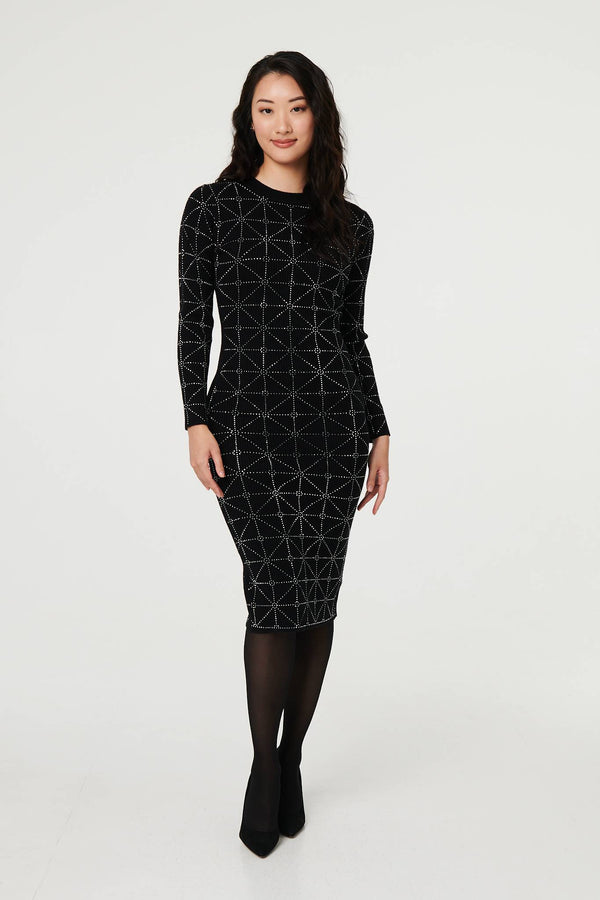 Black | Geo Diamante Detail Slim Knit Midi Dress