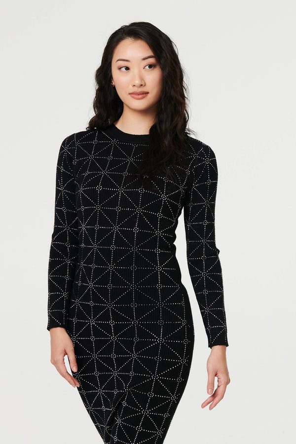 Black | Geo Diamante Detail Slim Knit Midi Dress