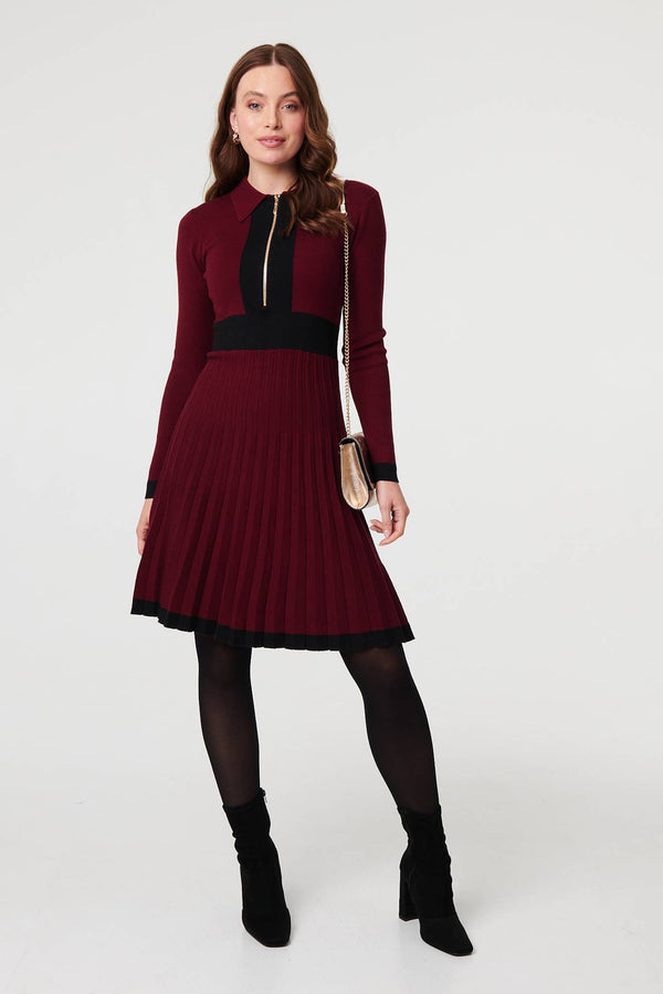 Red | Colour Block Zip Knit Knee Length Dress