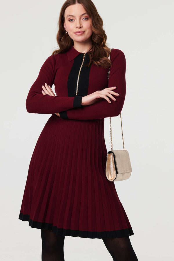 Red | Colour Block Zip Knit Knee Length Dress