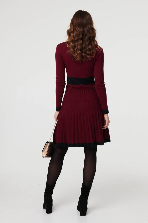 Red | Colour Block Zip Knit Knee Length Dress