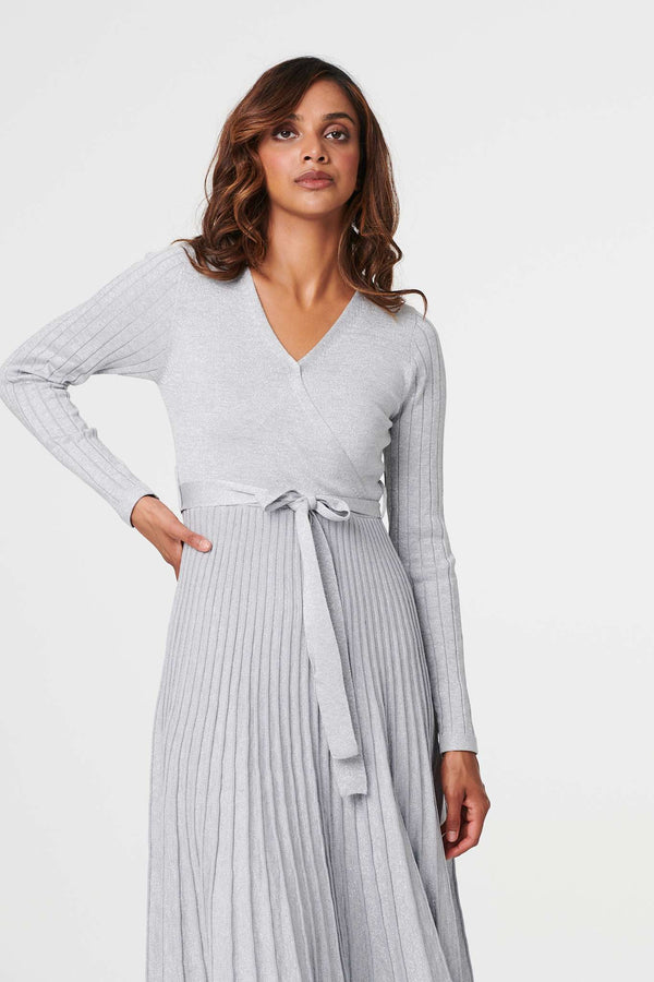 Silver | Pleated Tie Waist Knit Midi Dress