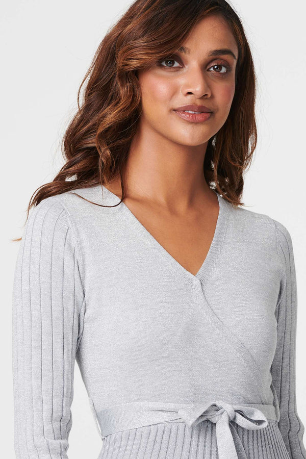 Silver | Pleated Tie Waist Knit Midi Dress