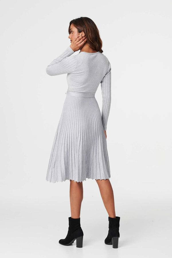 Silver | Pleated Tie Waist Knit Midi Dress