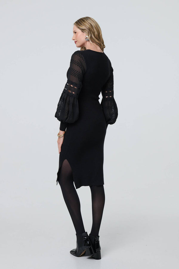 Black | Long Sheer Sleeve Bodycon Knit Dress