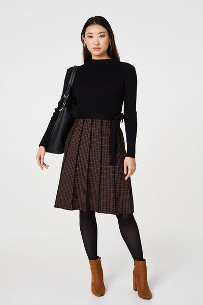 Geo Print Tie Waist Pleated Jumper Dress Izabel London