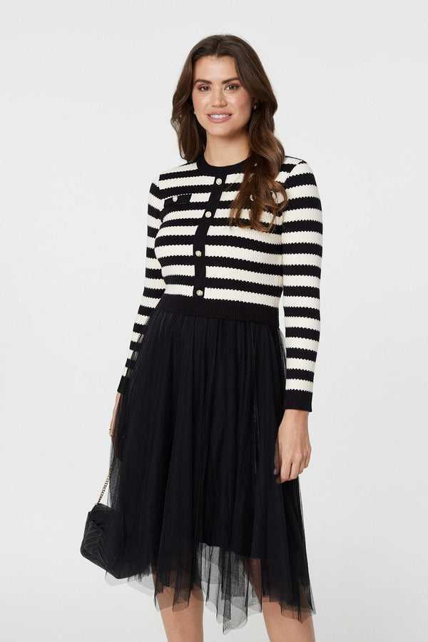 Black And White | 2-In-1 Dress With Striped Top & Midi Mesh Skirt