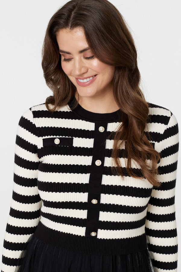 Black And White | 2-In-1 Dress With Striped Top & Midi Mesh Skirt
