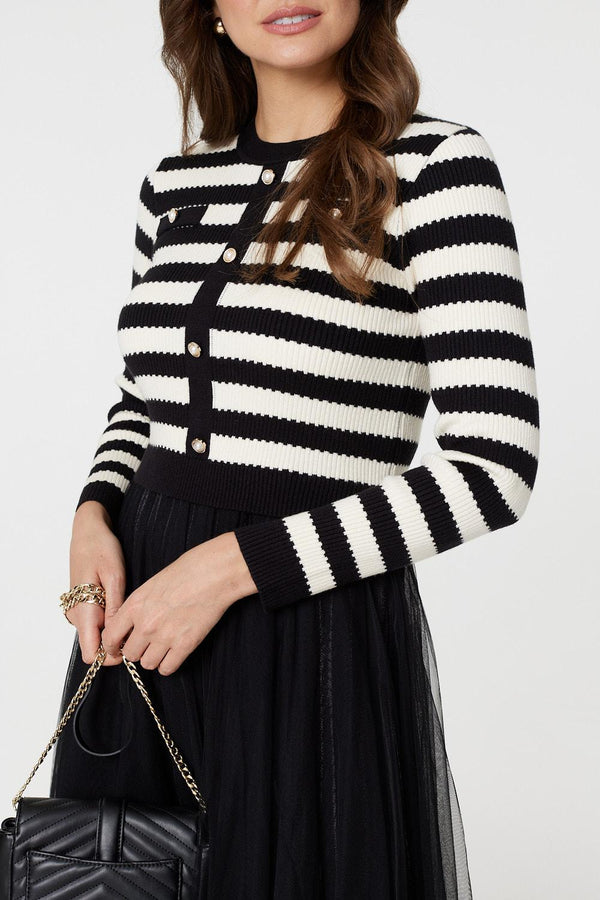 Black And White | 2-In-1 Dress With Striped Top & Midi Mesh Skirt