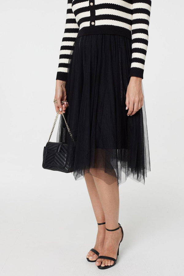 Black And White | 2-In-1 Dress With Striped Top & Midi Mesh Skirt