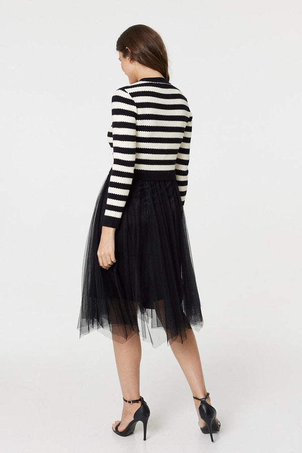 Black And White | 2-In-1 Dress With Striped Top & Midi Mesh Skirt