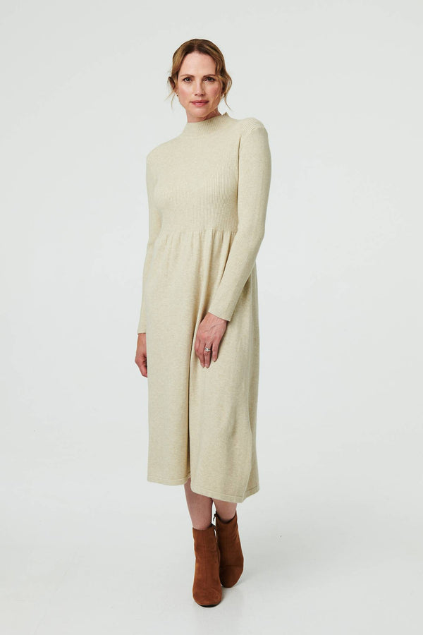 Beige | Textured High Neck Midi Jumper Dress