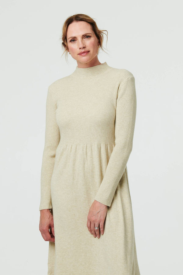 Beige | Textured High Neck Midi Jumper Dress